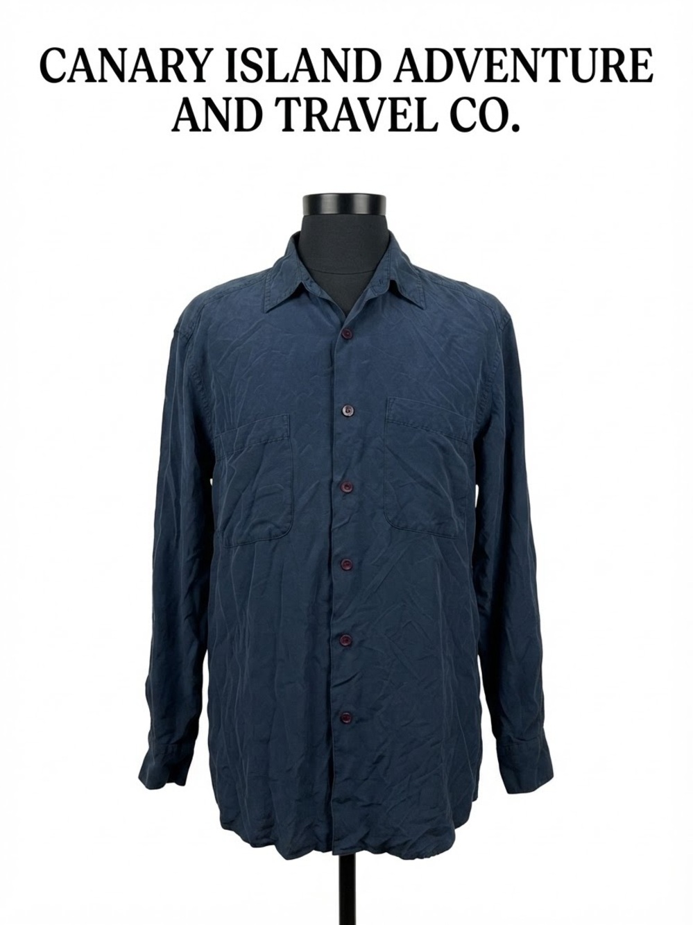 Vintage 80’s/90’sCanary Island Adv. Navy Long-Sleeve 100% Silk Shirt Size S 0205